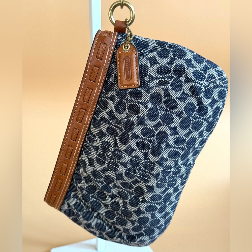 COACH Vtg Wristlet Bag in Signature Denim Print with Leather Trim & Plaid Lining